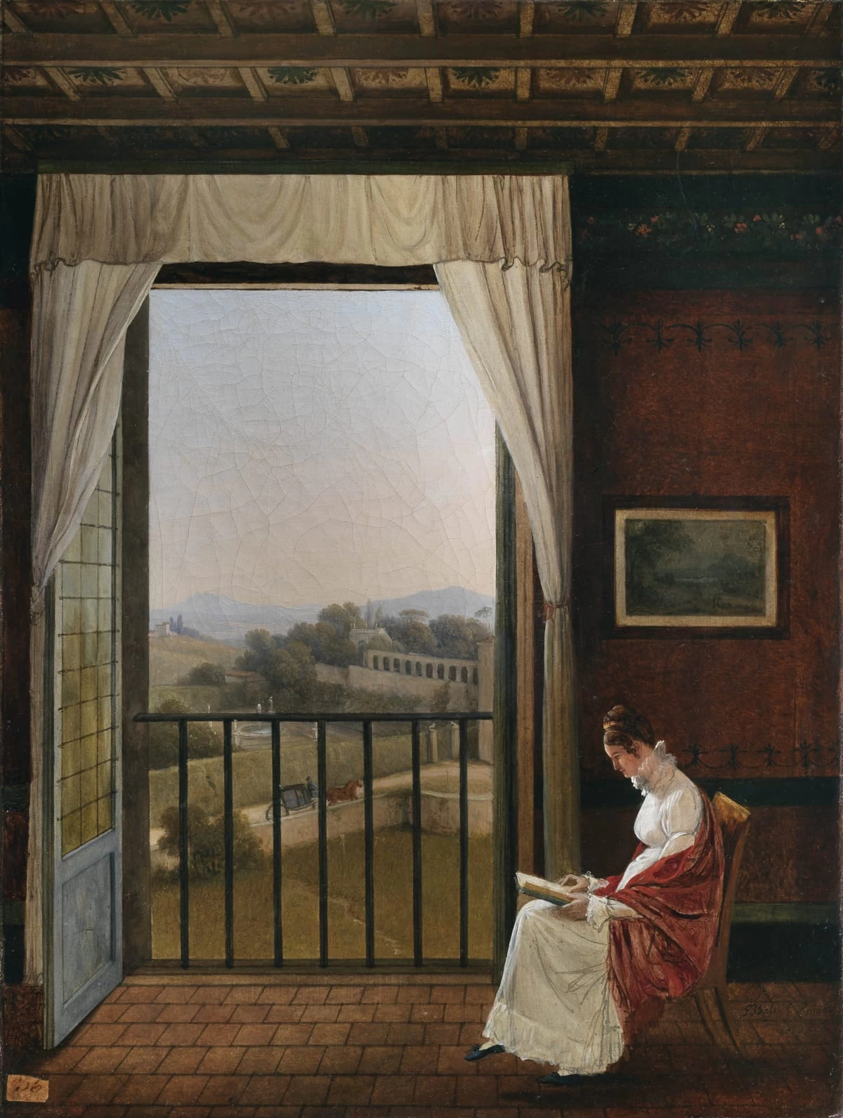 Ritratto di nobildonna in un interno con villa Borghese sullo sfondo, 1816